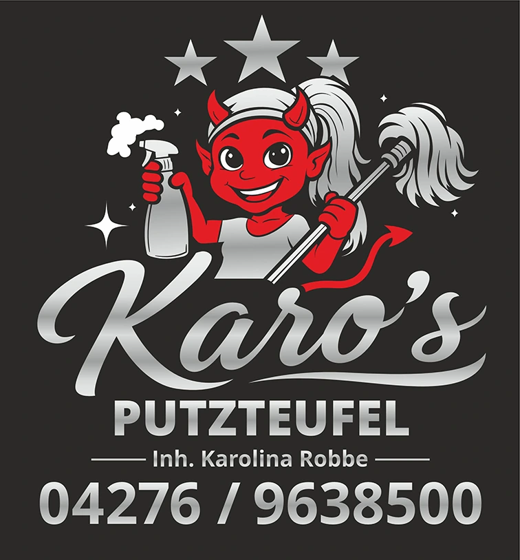 Das Original-Logo von Karo’s Putzteufel: der rote Putzteufel mit den drei silbernen Sternen.
